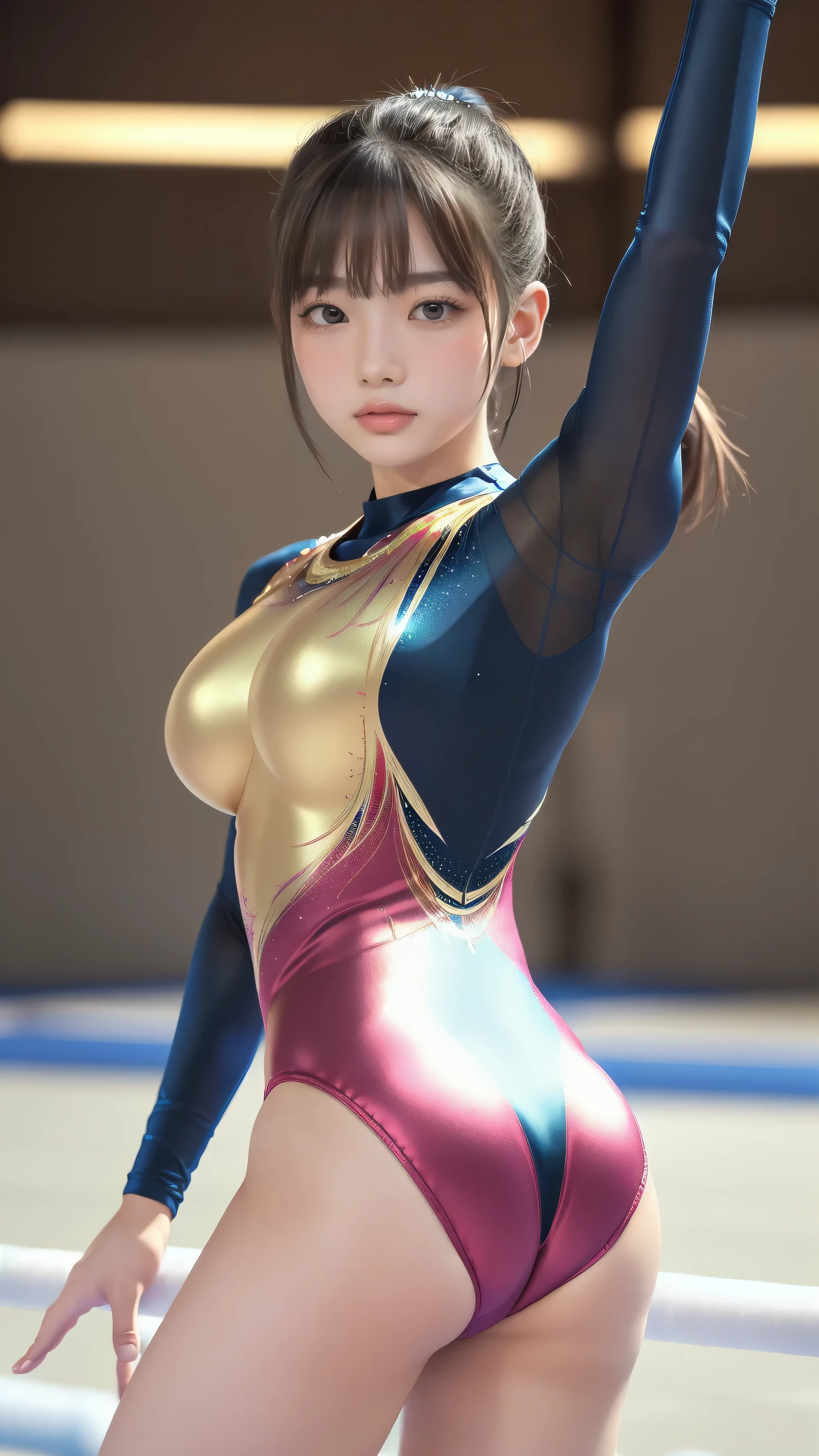 ((indoor, 新Gymnastics competition venues, Gymnastics competition venues:1.3)), Vibrance, Natural colors, (Highly detailed skin, Beautiful realistic face, White skin, Pointed Chest, Small nipples, Accurate anatomy, Realistic eyes, Natural Eyes, Brown eyes, Accurate eye focus, Accurate limbs), (Hyper Realist, ultra-realistic, 4K, Attention to detail, Ultra-high resolution, Highest quality, masterpiece, Presence, dynamic, Uplifting, bold, Sharpness), (Thinning hair:2, Soft Hair:2, Straight hair:1.5, Long, slicked bangs, Light copper amber hair, Hair on one eye, Twin tail hair), (Female gymnast, Detailed costume, Wearing a long sleeve leotard:1.5), Shiny long sleeve leotard, Metallic colors long sleeve leotard, Racing long sleeve leotard, Gymnastics Long Sleeve Leotard, ((High leg long sleeve leotard, A long-sleeved leotard with lots of Swarovski embellishments)), ({Metallic red color| Metallic purple color| Metallic white color| Metallic navy color| Metallic pink color| Metallic gold color| Metallic silver color| Metallic black color| Metallic colors}Long sleeve leotard colors), (Big Breasts:1.5), (Tall, Elongated arms and legs, Small waist, Small hips), ((hands on all fours about the floor, Doggy style, I'm sticking my butt up, Sticking out her butt)), Accentuate your buttocks, The long-sleeved leotard is digging into her butt, whole bodyを写している, Emphasize the chest, Looking into the camera, smile, barefoot, (Underhair does not grow), (whole body:1.2)