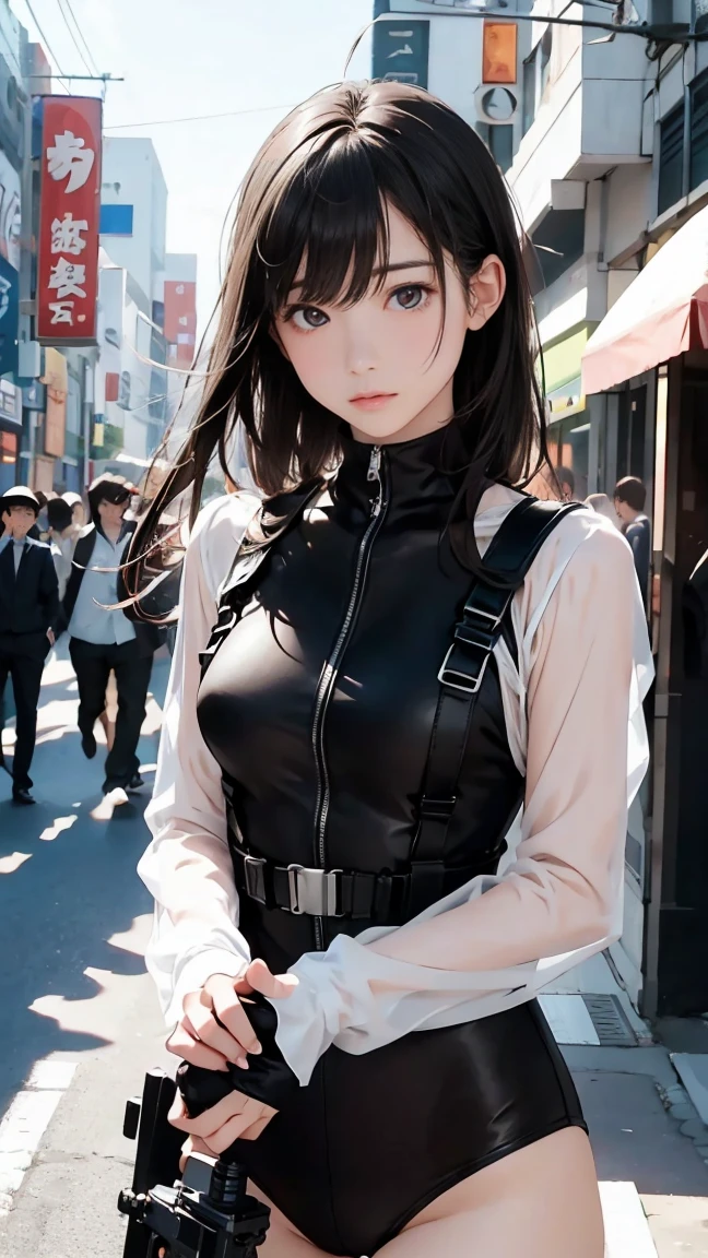 high resolution、High definition、High sensitivity、8k.Japanese、、1、cute、Idol face、Two Side Up Hair、slender、Mid-chest、(black and white high leg bodysuit:1.2)、See-through、Harness Belt、Gun Holder、（POLICE armband:1.3)、squat、（Hold a gun、Firing：1.3）、bustling street、