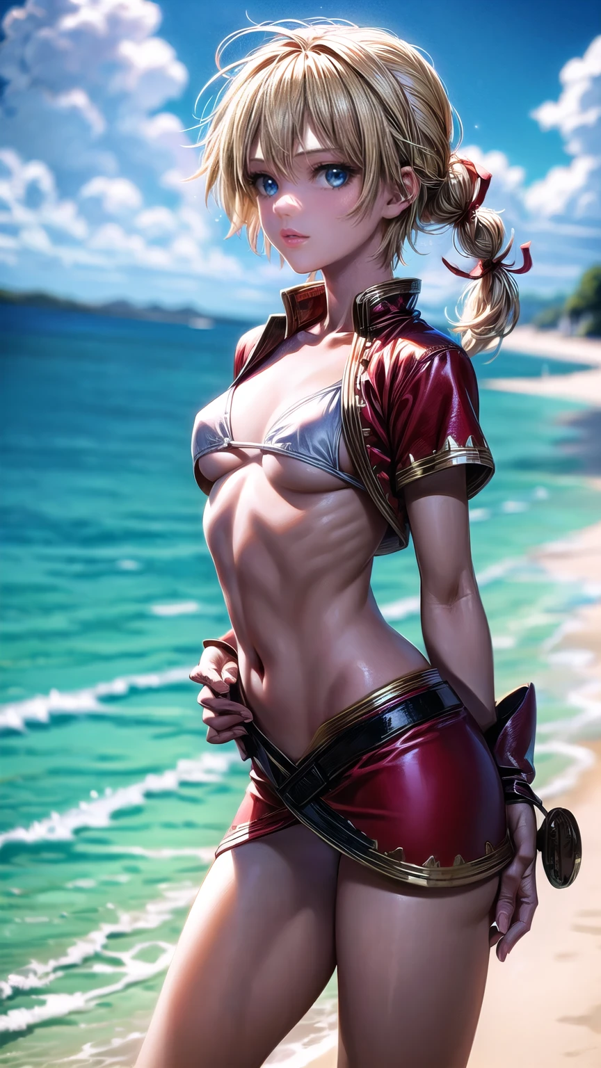 1 adult woman, character "kid" from chrono cross, 20 years old, ((mature face)), various strong facial expressions, yellow hair in a high braided ponytail, (medium small bust:1.4),standing on white sandy beach, in various fighting poses, fitted jacket 3/4 cropped, white top under jacket, tight fitting micro skirt, loose leather boots, ankle wraps, detailed face, detailed eyes, detailed lips, highly detailed, 8k, ultra-detailed 90s era anime style, cinematic lighting, vivid colors, dramatic shadows, masterpiece, award winning art, wide angle, (full length portrait), micrsk3rt, bikini underboob, navel, no bra, detailed hands, ((better hands)), ((best hands)), individual fingers 