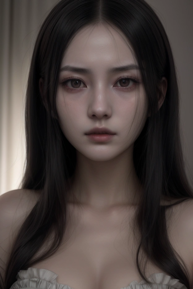 a_girl_with_long_black_hair,yamamura_sadako,detailed_and_realistic_facial_features,beautiful_detailed_eyes,beautiful_detailed_lips,extremely_detailed_face,longeyelashes,creepy_atmosphere,horror,supernatural,ghostly,pale_skin,wearing_a_white_dress,haunting,ominous,dark_lighting,moody_lighting,muted_colors,dramatic_shadows,cinematic,masterpiece,best_quality,8k,highres,ultra-detailed,photorealistic