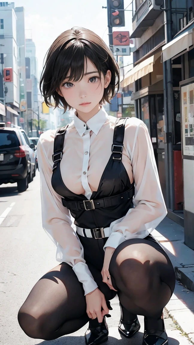 high resolution、High definition、High sensitivity、8k.Japanese、、1、cute、Idol face、short hair、Two Side Up Hair、slender、Mid-chest、(black and white high leg bodysuit:1.2)、See-through、Harness Belt、Gun Holder、（POLICE armband:1.3)、squat、（Hold a gun、Firing：1.3）、bustling street、nsfw,