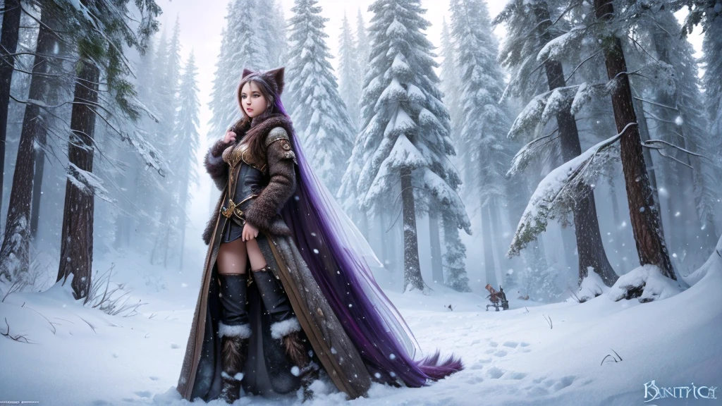 full body shot of a human girl with furry ear muffs for winter and a snow covered forest, epic fantasy art style hd, fantasy art style, hyperrealistic fantasy art, epic fantasy art style, fairy girl, wide shot of very beautiful fairy, trending digital fantasy art, digital fantasy art ), realistic and detailistic fantasy artwork, beautiful fantasy art portrait, fantasy art portrait, detailed fantasy digital art, beautiful fantasy portrait, wide backround, full shot of girl