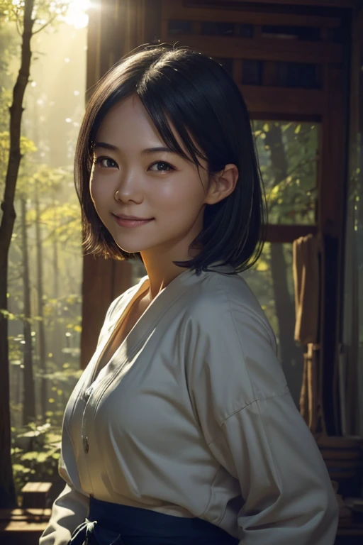 (8k, RAW photo, best quality, masterpiece), (photorealistic), outstanding details, ultra-high resolution, anatomically correct, textured skin, (Extremely precise and accurate anatomy),
Ultra Detailed Face, Detailed Eyes, 

(Cute Japanese girl), light smile, 

A potter working in her studio in the forest, She makes big pots out of clay, 

cinematic lighting in the hair, hair light, wind in the hair,
A square in the forest, 

(backlighting), 
reflection light, 
atmospheric perspective, depth of field, 
(dramatic lighting), cinematic lighting, 