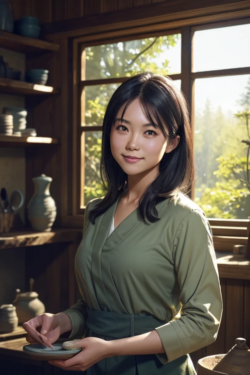 (8k, RAW photo, best quality, masterpiece), (photorealistic), outstanding details, ultra-high resolution, anatomically correct, textured skin, (Extremely precise and accurate anatomy),
Ultra Detailed Face, Detailed Eyes, 

(Cute Japanese girl), light smile, 

A potter working in her studio in the forest, She makes big pots out of clay, 

cinematic lighting in the hair, hair light, wind in the hair,
A square in the forest, 

(backlighting), 
reflection light, 
atmospheric perspective, depth of field, 
(dramatic lighting), cinematic lighting, 