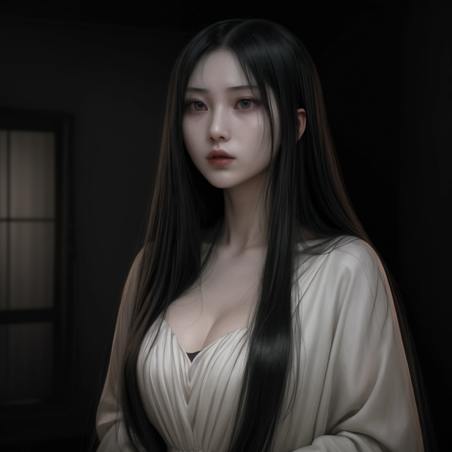 a_girl_with_long_black_hair,yamamura_sadako,detailed_and_realistic_facial_features,beautiful_detailed_eyes,beautiful_detailed_lips,extremely_detailed_face,longeyelashes,creepy_atmosphere,horror,supernatural,ghostly,pale_skin,wearing_a_white_dress,haunting,ominous,dark_lighting,moody_lighting,muted_colors,dramatic_shadows,cinematic,masterpiece,best_quality,8k,highres,ultra-detailed,photorealistic
