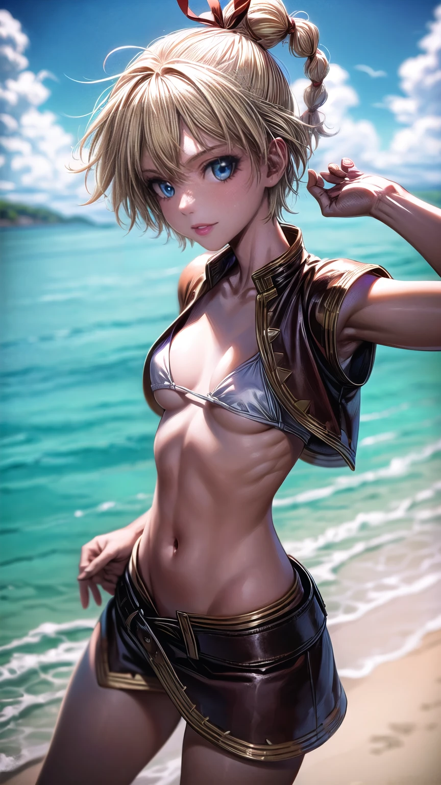 1 adult woman, character "kid" from chrono cross, 20 years old, (mature face), making various facial expressions, yellow hair in a high braided ponytail, (medium-small bust:1.4),standing on white sandy beach, in various fighting poses, fitted jacket 3/4 cropped, white top under jacket, tight fitting micro skirt, loose leather boots, ankle wraps, detailed face, detailed eyes, detailed lips, highly detailed, 8k, ultra-detailed 90s era anime style, cinematic lighting, vivid colors, dramatic shadows, masterpiece, award winning art, wide angle, (full length portrait), strong_negative, micrsk3rt, bikini underboob, navel, no bra 