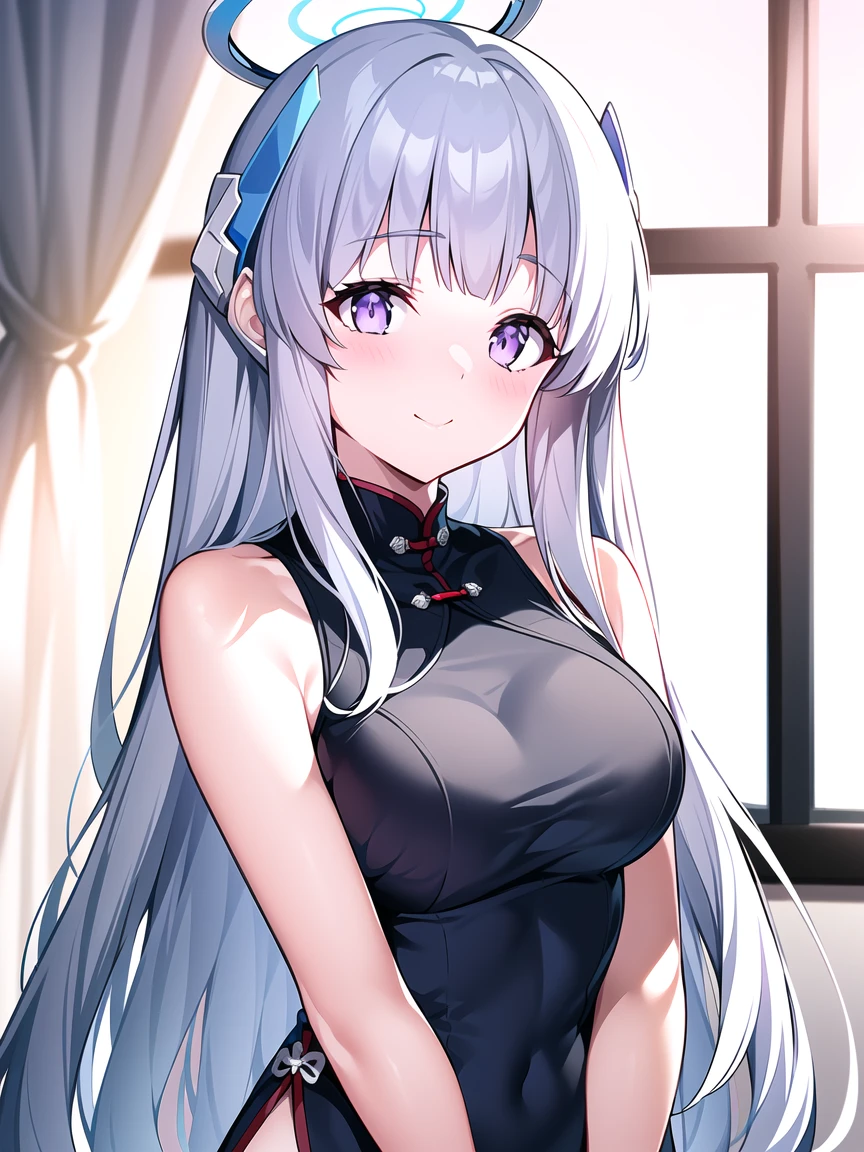 (A peerless beautiful girl), noa(blue archive), aanoa, ushio noa, (8k Ultra HD, Ultra high resolution), (masterpiece:1.3), (((best quality, purple eyes, finely detailed beautiful eyes, Sleepy eyes))), extremely delicate, breasts up shot, solo, real light and shadow, (standing, closed mouth:1.3), enjoy, smile, (platinum hair), long straight hair, Chinese Style, (white cheongsam), mechanical halo, headgear, looking at viewer,