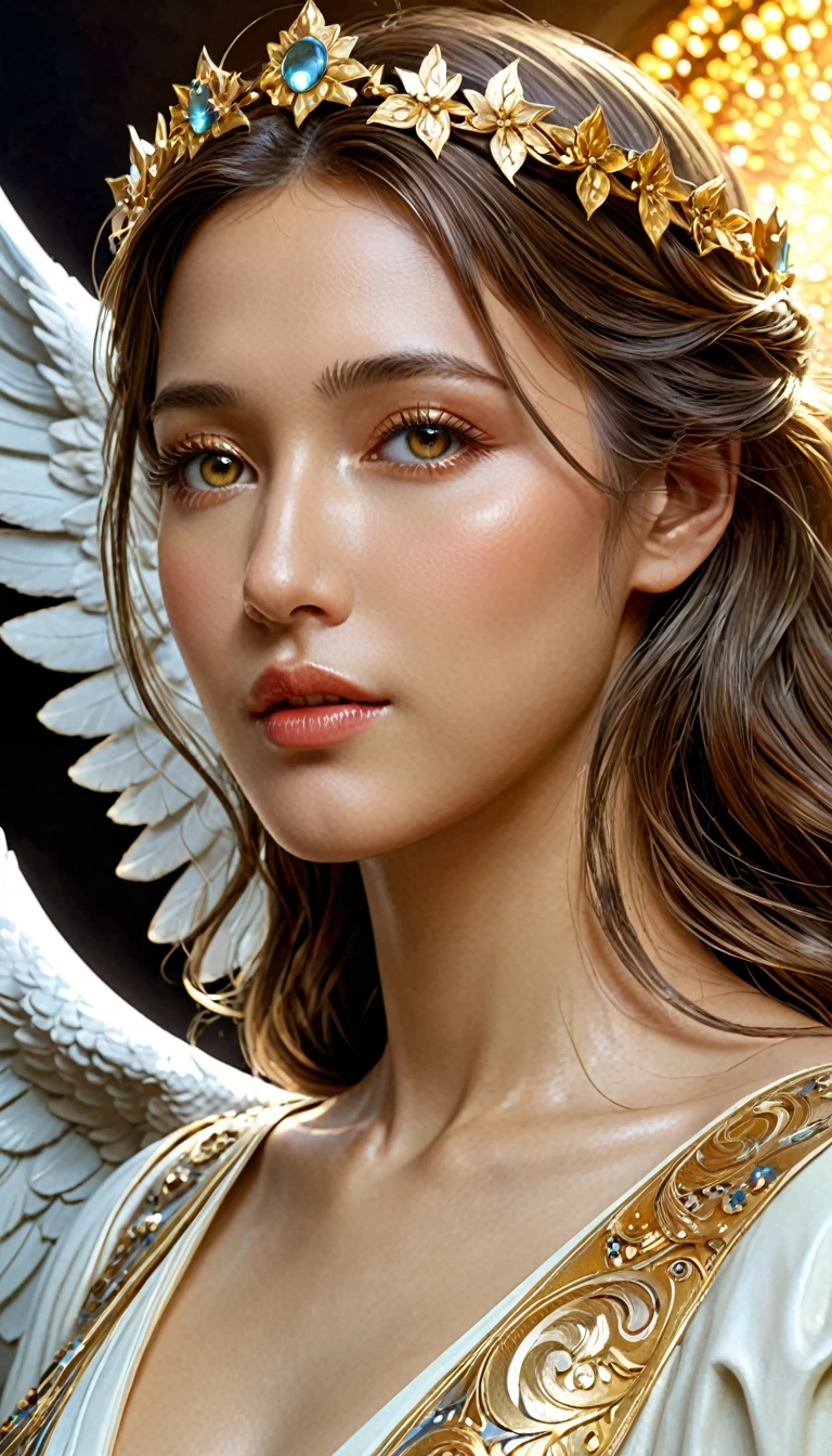 (Highest quality,4K,8k,High resolution,masterpiece:1.2), Very detailedな, (Realistic,photoRealistic,photo-Realistic:1.37),Close-up portrait of the most beautiful angel in the universe, is & is, face, Fantasy, complicated, elegant, Very detailed, isigital Painting, Art Station, Concept Art, Smooth, Sharp focus, shape, art jam, Greg Rutkowski, Art by Alphonse Mucha, sexy, Golden Eyes, (Wink at viewers:1.5)