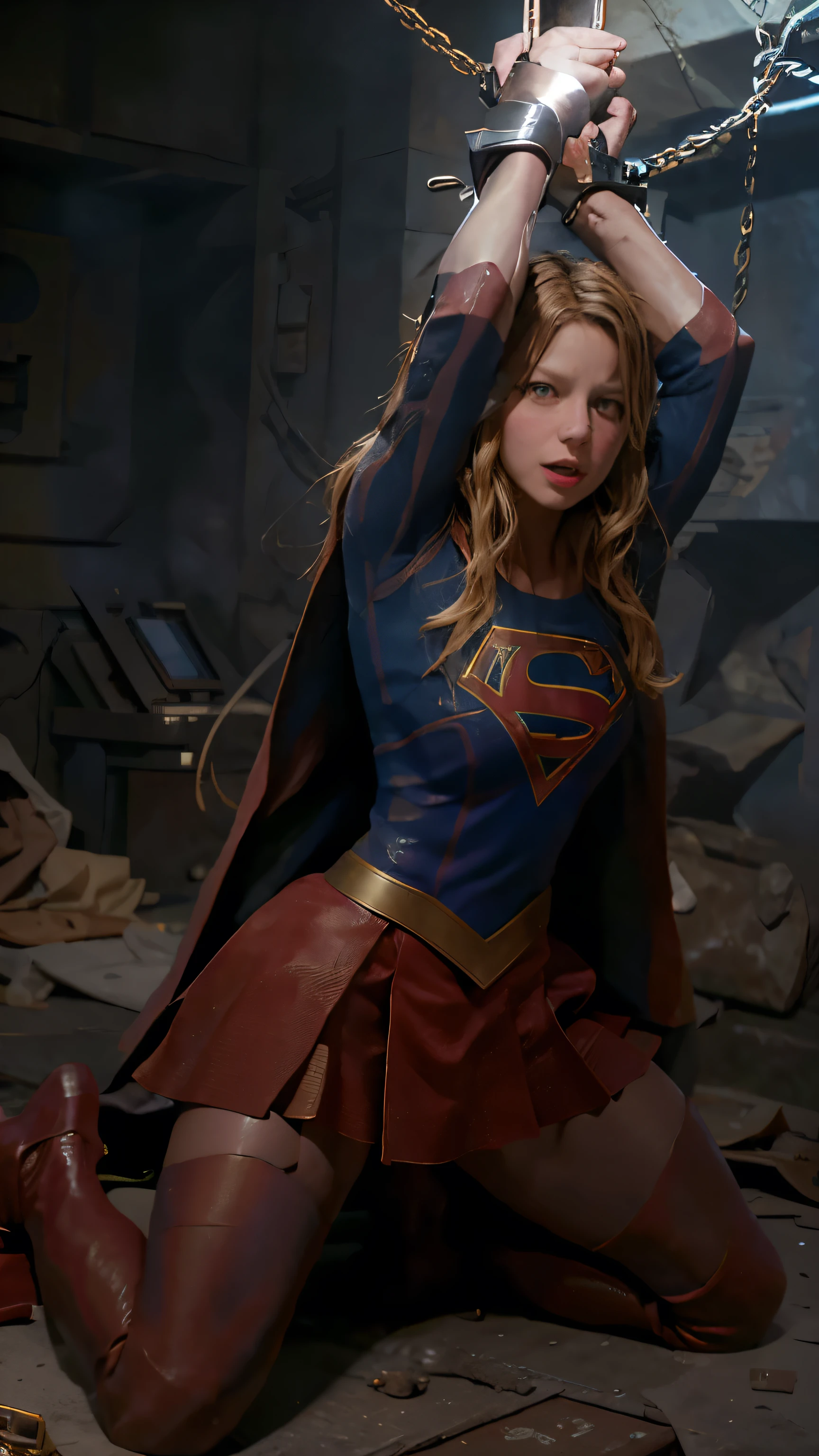 a handcuffed super girl getting raped by an evil squirting, space, space ship, futuristic, bdsm, bondage, , , forced, sexual intercourse, handcuffed, restrained, tattered red skirt, highly detailed face, beautiful face, melissa benoist as supergirl,