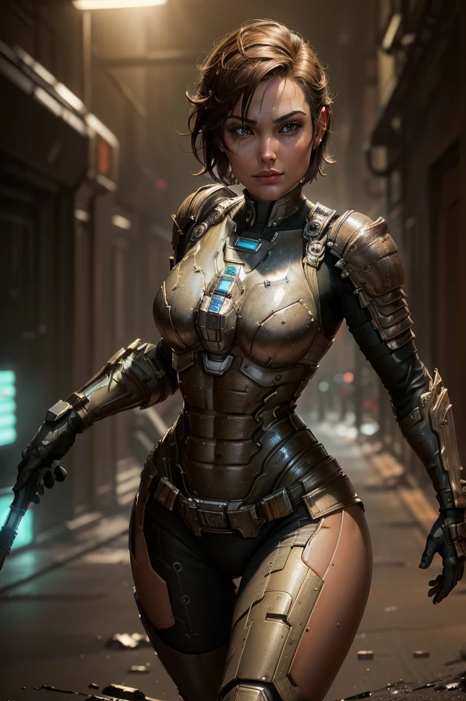 (Best quality,8 K:1.2,a high resolution:1.2),ultra detailed,realistic,retro sci-fi female superhero,short hair,very detailed face,long eyelashes,shiny metal chrome armor, tight,gloves,physically based rendering,Sharp Focus,white studio lighting