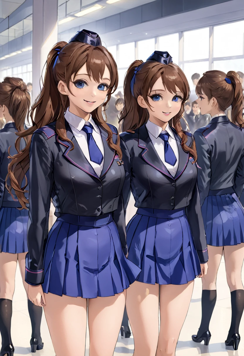 masterpiece, Highest quality, High resolution, 10+girl, crowd, Identical twin sisters, clone, An orderly line of sisters, An orderly line of sisters, Sisters in a row, uniform, Matching outfits, Long Hair, Curly Hair, ponytail, Matching hairstyle, Hazel Eyes, Brown Hair, Black tie, Blue Ribbon, Brown Skirt, salute, smile, indoor, Group shot, whole body, Panty shot, Black high heels