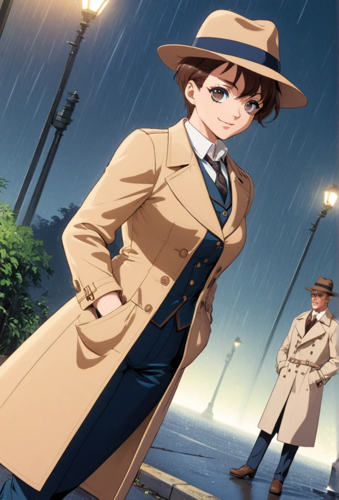 detailed illustration (side view),dynamic angle,ultra-detailed, illustration, pose for the camera, smiling at viewer, clean line art, shading, anime, 2020’s anime style, detailed eyes, detailed face, beautiful face standing on a sidewalk, Detective, trench coat, fedora hat, Johnny dollar inspired, Philip Marlow inspired, 1940’s, woman, in a suit a coat, night, rain, brown hair, hard boiled, female fatale vibes.