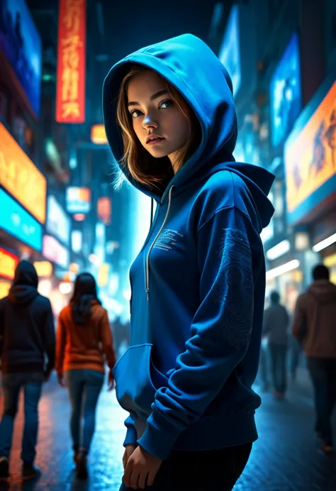 a girl in hitech i.t room starring at the monitor where an image of a young man wearing hoodie walking in a busy street emerge f...