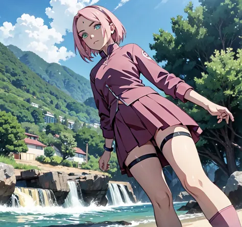 sakura haruno, pantyhose, mini skirt, social shirt, beautiful legs, muslos grandes, view from below, shoreline