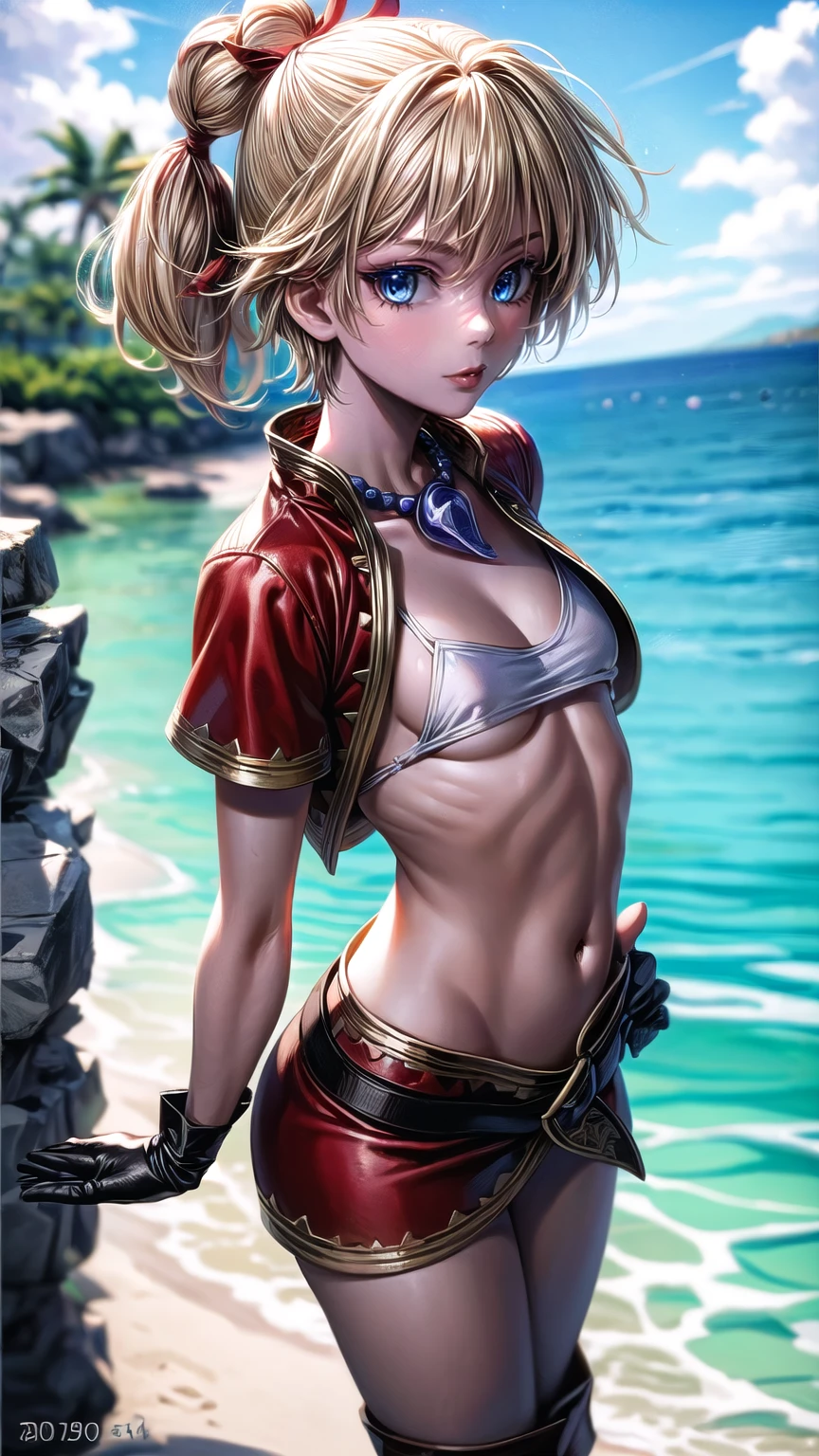 1 adult woman, character "kid" from chrono cross, 20 years old, (mature face), making various facial expressions, yellow hair in a high braided ponytail, (medium-small bust:1.4),standing on white sandy beach, in various fighting poses, fitted jacket 3/4 cropped, white top under jacket, tight fitting micro skirt, loose leather boots, ankle wraps, detailed face, detailed eyes, detailed lips, highly detailed, 8k, ultra-detailed 90s era anime style, cinematic lighting, vivid colors, dramatic shadows, masterpiece, award winning art, wide angle, (full length portrait), strong_negative, micrsk3rt, bikini underboob, navel, no bra 