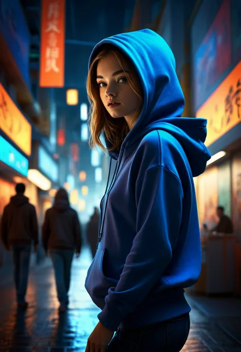 (a girl in hitech i.t room) starring at the monitor where an image of a (young man wearing hoodie walking in a busy street)emerg...