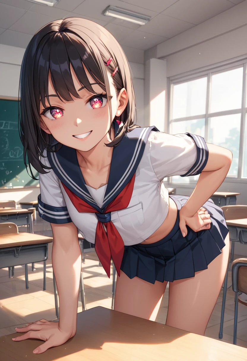 unaestheticXL_bp5, (negative_v2 Color_Balance_Calibration:0.8),score_9, score_8_up, score_7_up,source_anime, high res image,masterpiece,best quality,girl,cute face,clear skin,shiny hair,ultra detailed eyes，Sailor suit、Leaning forward、Hands on hips、Red cheeks、A seductive smile、classroom
