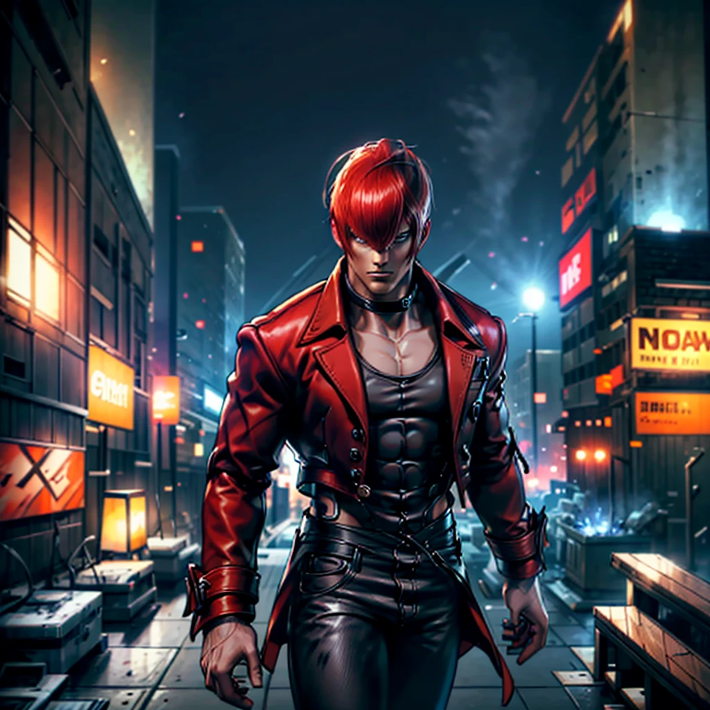 30-year-old man, alone, alone, athletic, muscular, serious look looking at the viewer, redhead, wears a trench coat, black shirt, wine-colored pants, video game character, The King of Fighters, Iori Yagami, blue fire, cinematic, ultra-sharp focus , award-winning photography, perfect contrast, High sharpness, depth of field, ultra-detailed photography, global illumination, fluid, ultra-high definition, 8k, Unreal Engine 5, ultra-sharp focus, award-winning photography, art station trends