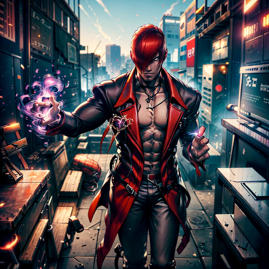 30-year-old man, alone, alone, athletic, muscular, serious look looking at the viewer, redhead, wears a trench coat, black shirt, wine-colored pants, video game character, The King of Fighters, Iori Yagami, blue fire, cinematic, ultra-sharp focus , award-winning photography, perfect contrast, High sharpness, depth of field, ultra-detailed photography, global illumination, fluid, ultra-high definition, 8k, Unreal Engine 5, ultra-sharp focus, award-winning photography, art station trends