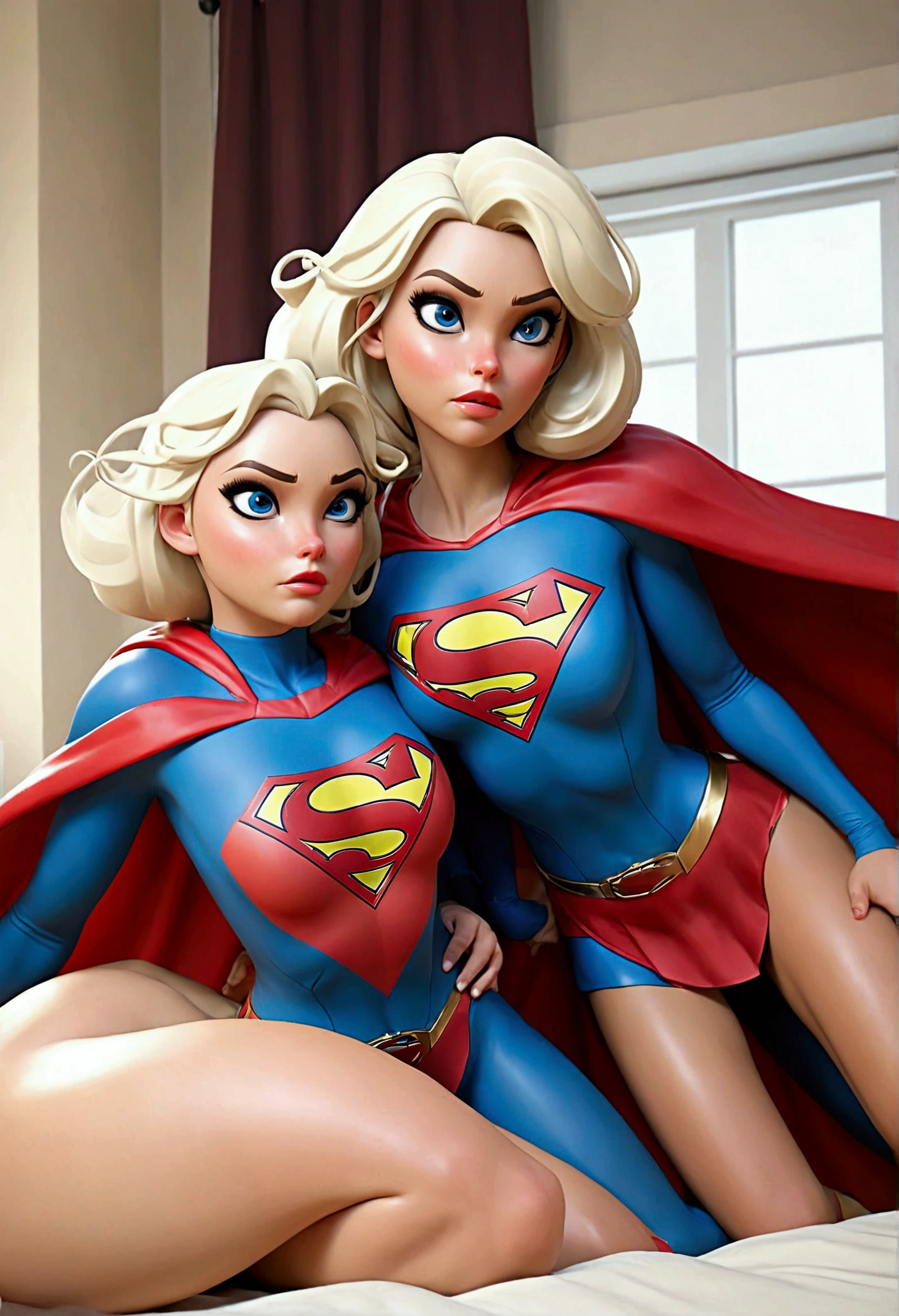 NSFW SEX SCENE. 2 INTIMATE SUPERGIRLS HAVING HOT PASSIONATE SEX IN BED. WEARING IDENTICAL SUPERGIRL OSTUMES AND CAPES. ONE EATING THE OTHERS WET CUM COVERED PUSSY. ONE GETTING FUCKED BY SUPERMAN