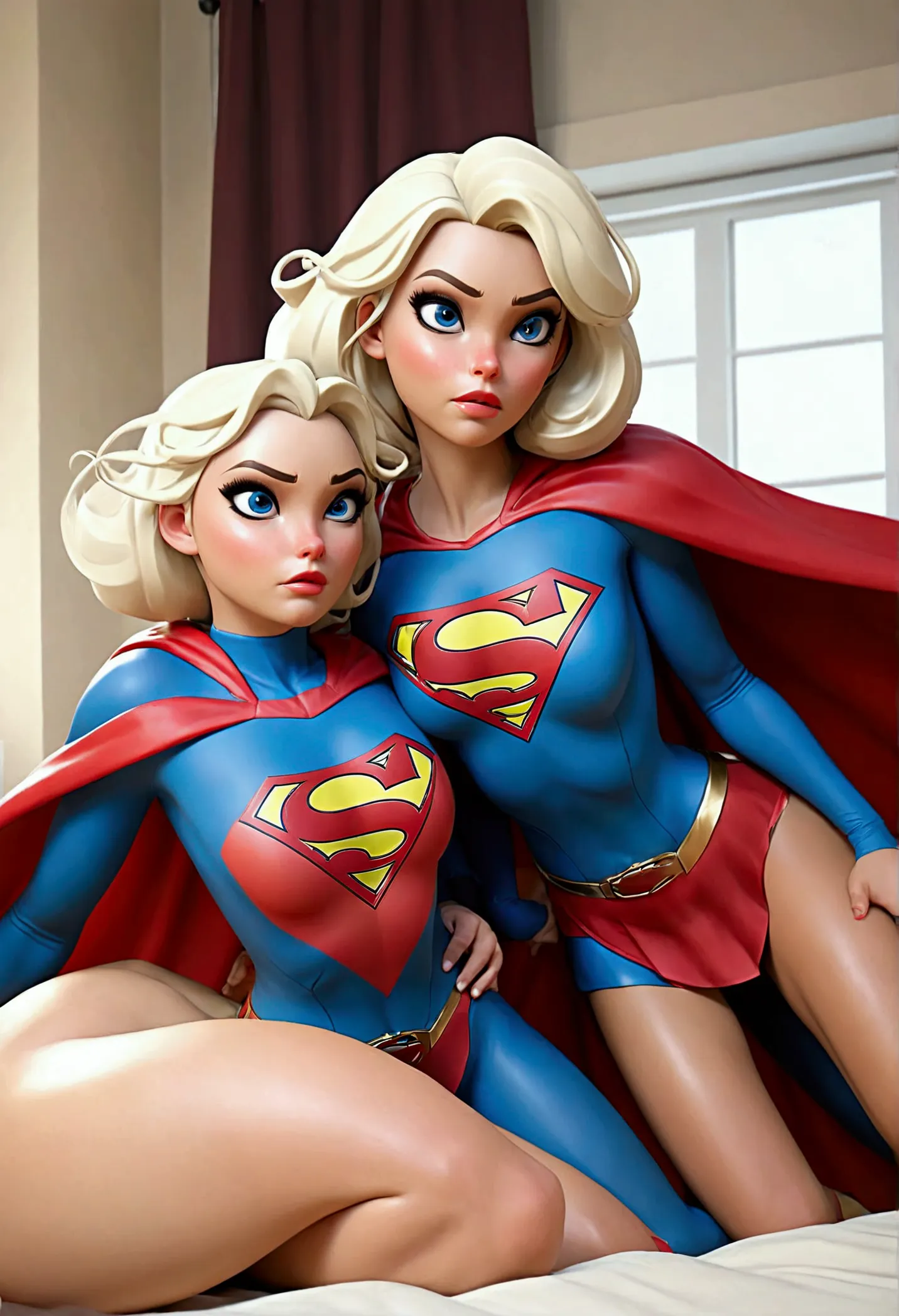 nsfw sex scene. 2 intimate supergirls having hot passionate sex in bed. wearing identical supergirl ostumes and capes. one eatin...