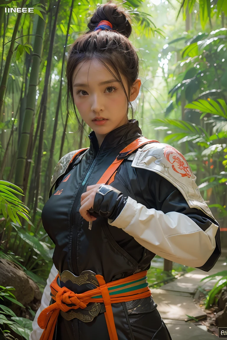 bamboo forest background，A look of determination，colorful vivid octane render, cybernetic and highly detailed, loba andrade from apex legends, created in unreal engine 5, made in unreal engine 5, trending on unreal engine 5, Antique portraits, Martial arts fantasy style 8k octane rendering, rendered in unreal 5, rendered in high octane