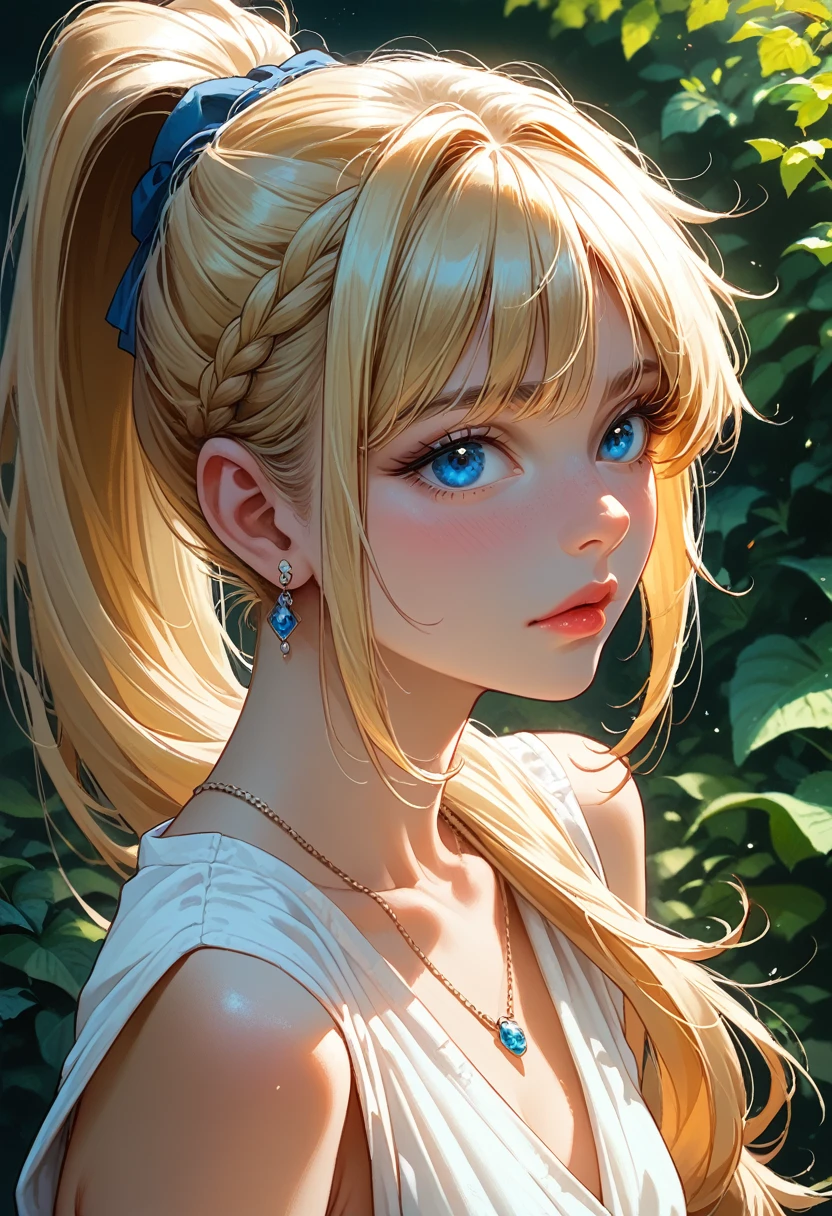 Long ponytail, blue eyes, blonde