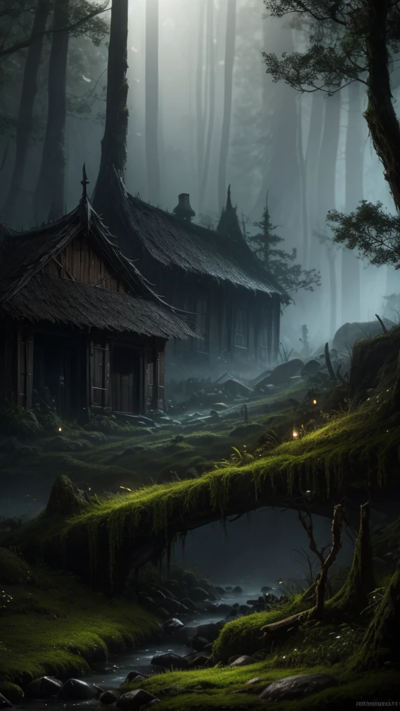 realistic dark oil painting of a medieval village at sunrise, moss, mist, misty, Eyeshadow, misterious, myth, dark, Light shining through the forest, surrounding, Depth of Field, Volumetric Lighting, Movie Lighting, Moody, heavy darkness, Black sky, low angle perspective, Courtesy of Evander Earle