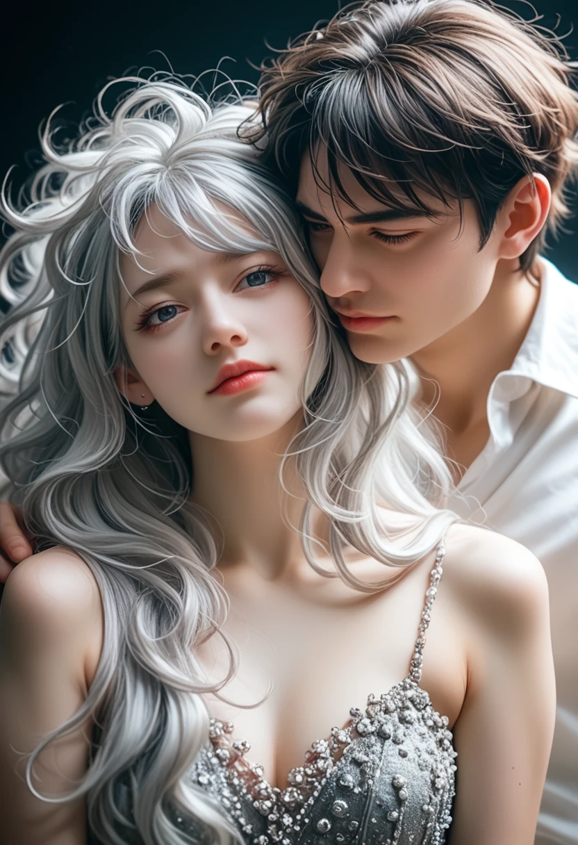 Masterpiece, Superb Fashion, (Fashion Costume), (Illustration), (2 People), Handsome Young Couple, (Russian Mill Style), Fashion, Silver Hair, (Long Hair), (Messy Hair), (White Skin), (Dark Circles), Handsome, Dance Steps, Trend, Dark Gray,, Close Up, (Grand Background), (Chiaroscuro)), Fine Face Details, Facial Details, Cinematic Lighting, (Depth of Field), UHD, (Upper Body), Black Background