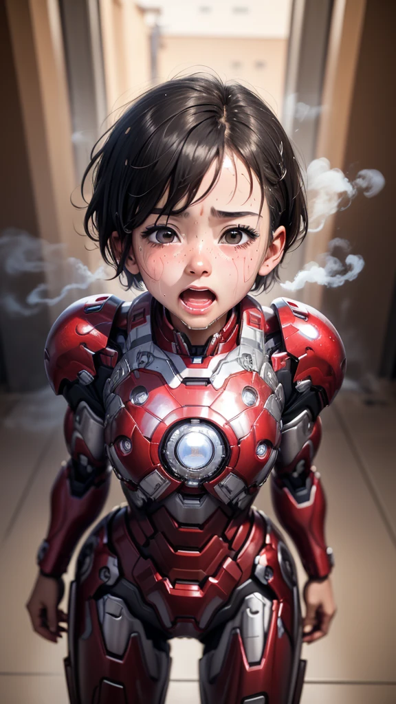 Highest quality　8k Iron Man suit girl　Elementary school girl　Sweaty face　cute　short hair　boyish　Steam coming from the head　My hair is wet with sweat　Black hair feel　Full body portrait　Ecstatic expression　Drooling dripping from the mouth　look up　bare hands