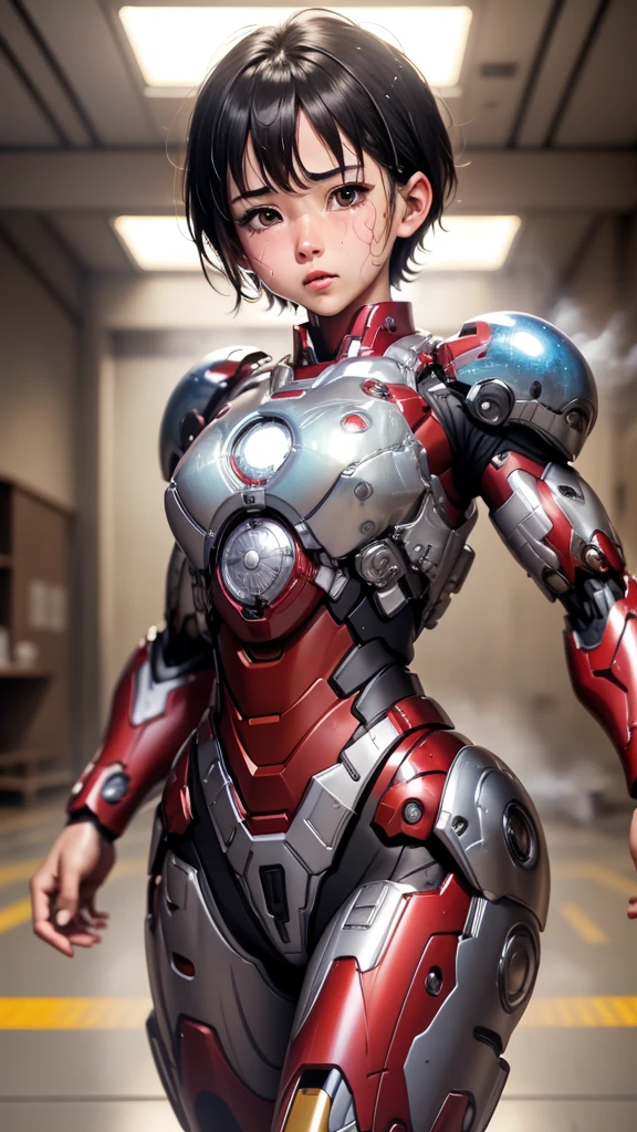 Highest quality　8k Iron Man suit girl　Elementary school girl　Sweaty face　cute　short hair　boyish　Steam coming from the head　My hair is wet with sweat　Black hair feel　Full body portrait　Ecstatic expression　Drooling dripping from the mouth　look up　bare hands