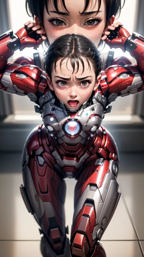 highest quality　8k iron man suit girl　elementary school girl　sweaty face　cute　short hair　boyish　steam coming from the head　my ha...