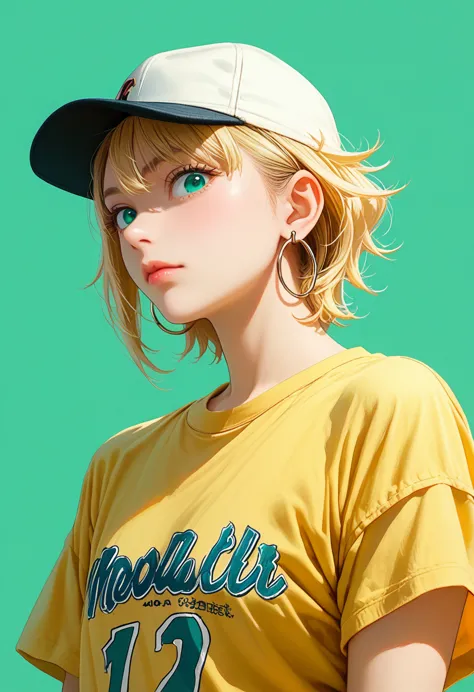 nomura tetsuya, masterpiece, best quality, 1girl, aqua eyes, baseball cap, blonde hair, closed mouth, earrings, green background...