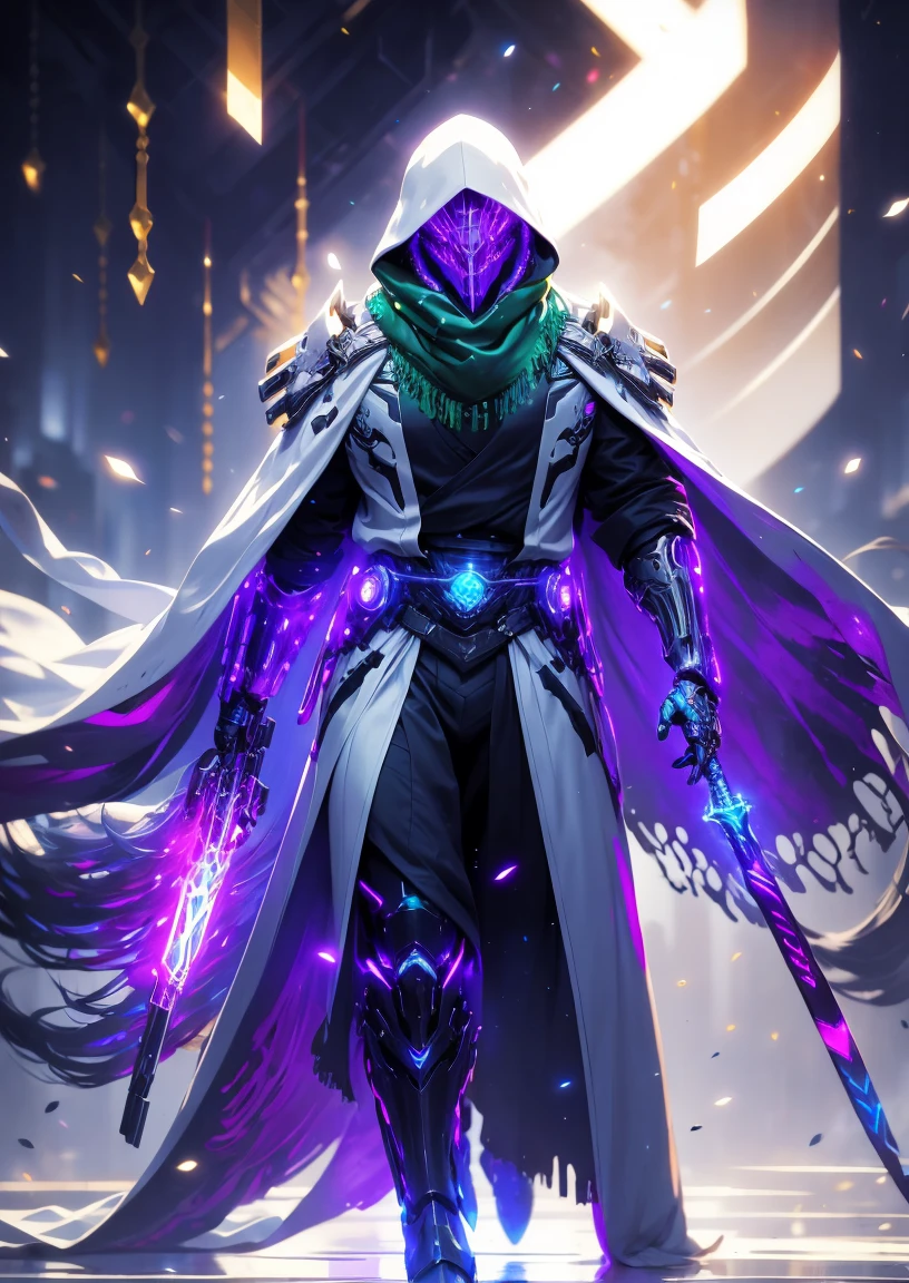 realistic,shiny,reflective,bioluminic, galactic cybernetic mask,mecha,(assassin:1.2),((((scarf,long cloak)))),sh4g0d,GlowingRunes_red,fullbody,cinemnatic,dark background,backlight,high contrast,