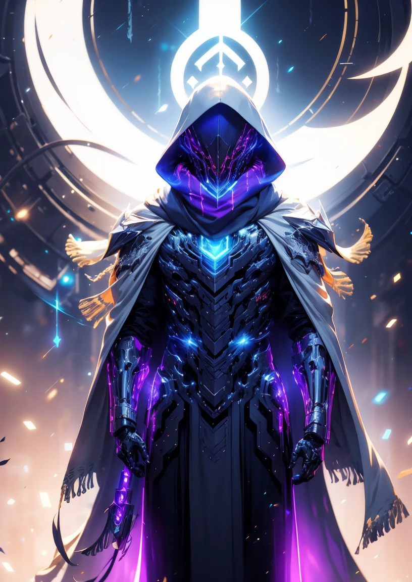 realistic,shiny,reflective,bioluminic, galactic cybernetic mask,mecha,(assassin:1.2),((((scarf,long cloak)))),sh4g0d,GlowingRunes_red,fullbody,cinemnatic,dark background,backlight,high contrast,