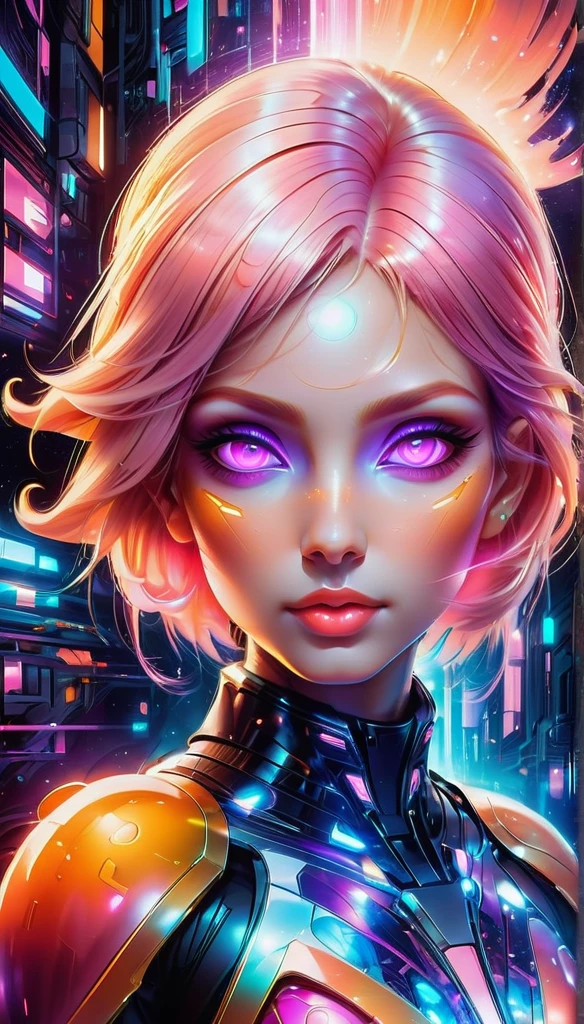 movie poster style, (glowing intricate symmetrical face paint:1.2), futuristic cyberpunk style, by (artgerm:1.1) and (stefan martiniere:1.1) and (raymond swanland:1.1), award-winning airbrush on canvas painting of a cute and stunningly beautiful dreamy cyberpunk girl, (detailed mystical glowing multicolored peach and purple eyes:1.2), large circular pupils BREAK (accurate detailed pompadour hairstyle, very long hair:1.2), (silky multicolored white and pink hair:1.2), freckles, subsurface scattering, (high collar:1.3), rim lighting, light passing through hair, perfect proportions, golden ratio, (glitchcore background:1.1), dark corners, intricate details, ultra detailed, 8k, uhd