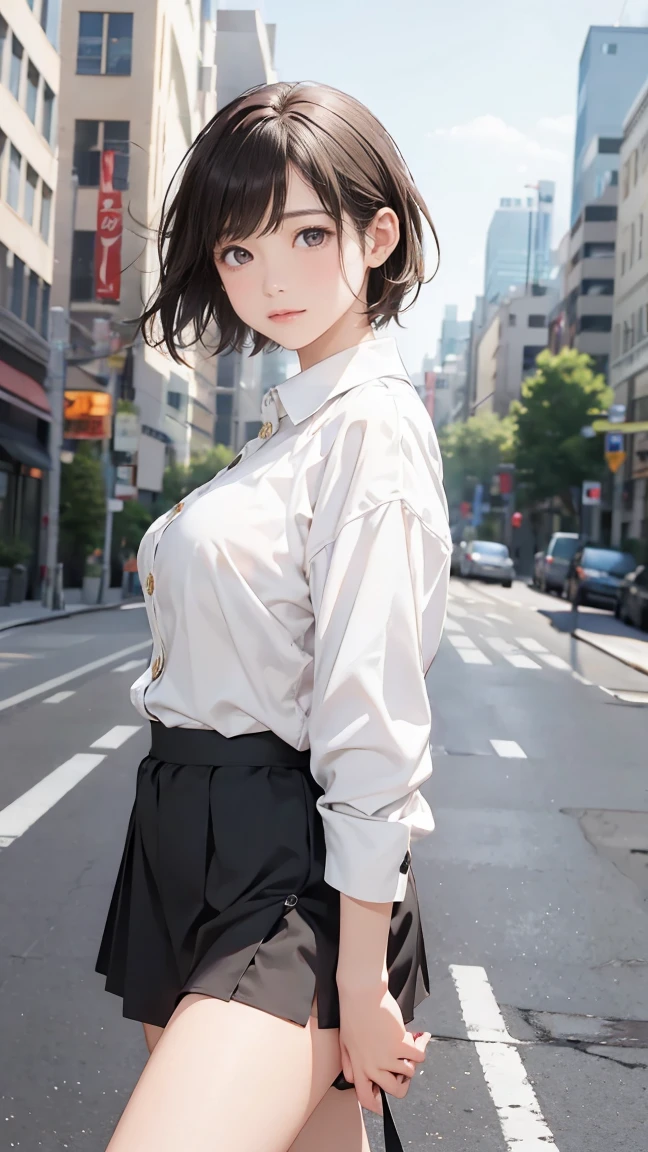 Highest quality、8k、No makeup、masterpiece、Ultra-high resolution、Photorealistic、Realistic、1 girl、Idol Sculpture、National beautiful girl、cute、Big Breasts、Narrow waist、Round eyes、Very short hair、smile、Delicate face、Beautiful Skin、Walking in a big city、Buildings、whiteＹOpen the front of your shirt、Open the shirt、Remove all buttons、Show me your breasts、Lift up your miniskirt yourself、Skirt Lift、whiteパンティを見せる、
