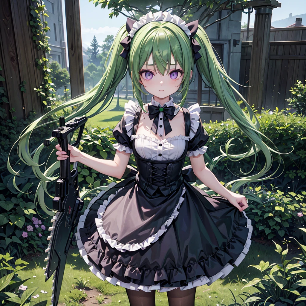 High resolution　Gothic Maid Outfit　Wielding a chainsaw　I close my eyes tight　panic　Green hair twintails　,(Ultra-realistic,32K, masterpiece:1.2),(Skin with attention to detail:1.1),( high quality:1.1), Curvy, Medium chest, Wide Hips, One person, Green Hair, Purple eyes, Hair between the eyes, Twin tails, Maid&#39;s Headdress, puffy short sleeve, Black Dress, White apron, alone,