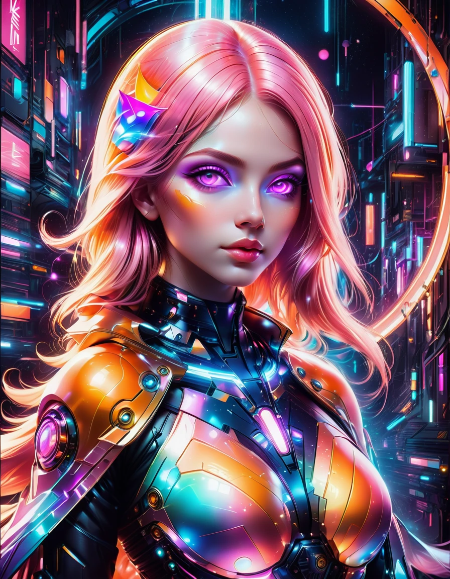 (full-body: 1.5) movie poster style, (glowing intricate symmetrical face paint:1.2), futuristic cyberpunk style, by (artgerm:1.1) and (stefan martiniere:1.1) and (raymond swanland:1.1), award-winning airbrush on canvas painting of a cute and stunningly beautiful dreamy cyberpunk girl full-body stand, (detailed mystical glowing multicolored peach and purple eyes), large circular pupils BREAK (accurate detailed pompadour hairstyle, very long hair), (silky multicolored white and pink hair), freckles, subsurface scattering, (high collar), rim lighting, light passing through hair, perfect proportions, golden ratio, (glitchcore background:1.1), dark corners, intricate details, ultra detailed, 8k, uhd