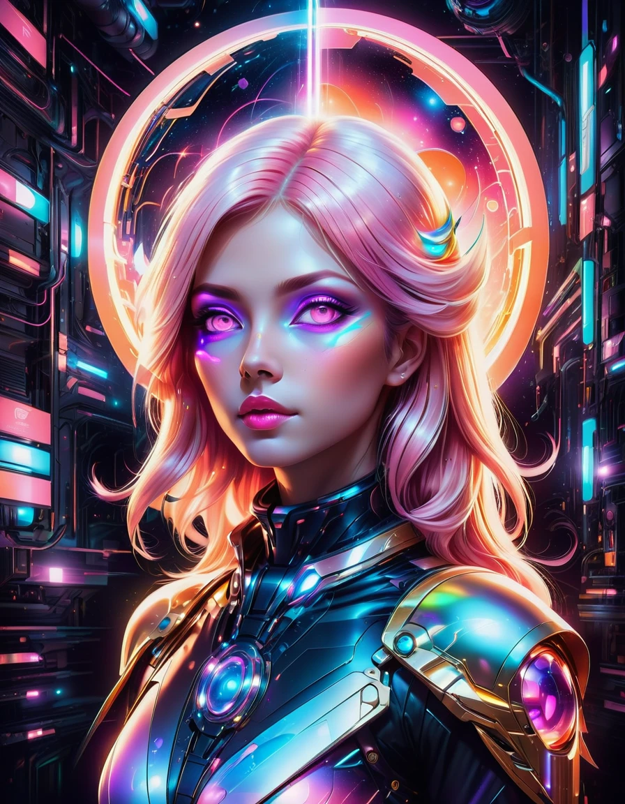 cyberpunk  bookcover (full-body girl stand hero pose: 1.5) movie poster style, (glowing intricate symmetrical face paint:1.2), futuristic cyberpunk style,  award-winning airbrush on canvas painting of a cute and stunningly beautiful dreamy cyberpunk girl full-body stand, (detailed mystical glowing multicolored peach and purple eyes), large circular pupils BREAK (accurate detailed pompadour hairstyle, very long hair), (silky multicolored white and pink hair), freckles, subsurface scattering, (high collar), rim lighting, light passing through hair, perfect proportions, golden ratio, (glitchcore background:1.1), dark corners, intricate details, ultra detailed, 8k, uhd