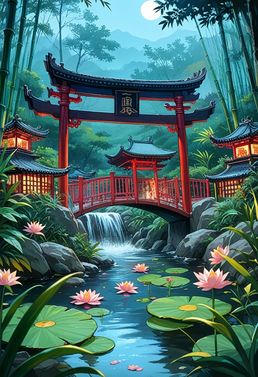 (Beautiful ancient Chinese architecture, moonlight twinkling, lakes at night, shaded by bamboo forests, stone bridge arches, gurgling water, rockery stone paths, blooming water lilies, hot spring water vapor, auspicious moonlight illustration: 1.0), epic composition, super details Realistic, highly realistic lighting, best wallpaper quality, masterpiece. (very detailed CG unity 8k wallpaper) --v6. 