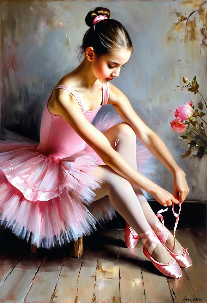 painting of a girl ballerina in a pink tutu tying her shoelaces, ballerina, Ma Lin, portrait of a ballerina, [ oil painting ]!!!, Vladimir Novak, Andrey Atroshenko, oil painting, Ju Lian, prima ballerina, realistic painting of a cute girl inspired by Vladimir Makovsky, tenu pose, Elizaveta Polunina, Andrey Markin