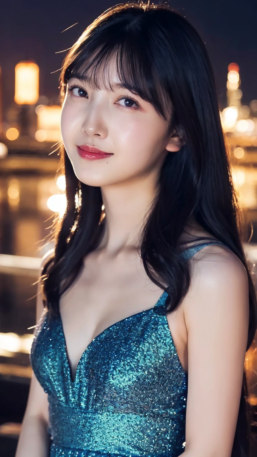 1girl,(wearing a blue glittery evening dress:1.2),(RAW photo, best quality), (realistic, photo-realistic:1.4), masterpiece, an extremely delicate and beautiful, extremely detailed, 2k wallpaper, Amazing, finely detail, extremely detailed CG unity 8k wallpaper, ultra-detailed, highres, soft light, beautiful detailed girl, extremely detailed eyes and face, beautiful detailed nose, beautiful detailed eyes,cinematic lighting,city lights at night,perfect anatomy,slender body,light smile,close up,(long hair with bangs)