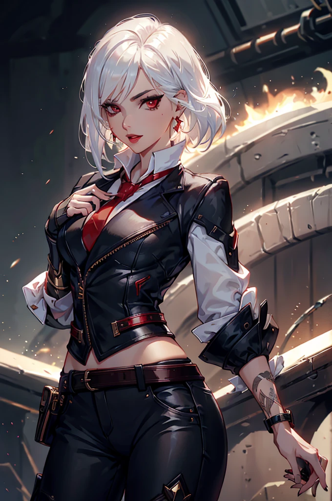 (masterpiece, best quality:1.2), expressive eyes, perfect face, highres, 1girl, solo, AsheOver, mole, earrings, red eyes, white hair,  medium hair, jewelry, makeup, lipstick, necktie, red necktie, thigh strap, black gloves, belt, stud earrings, red lips, shirt, pants, lips, eyeshadow, standing, upper body, looking at the viewer