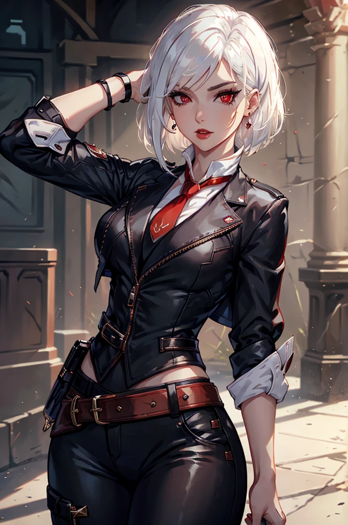 (masterpiece, best quality:1.2), expressive eyes, perfect face, highres, 1girl, solo, AsheOver, mole, earrings, red eyes, white hair,  medium hair, jewelry, makeup, lipstick, necktie, red necktie, thigh strap, black gloves, belt, stud earrings, red lips, shirt, pants, lips, eyeshadow, standing, upper body, looking at the viewer