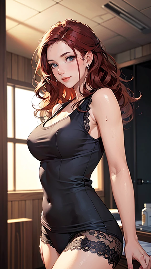 ((((masterpiece, of the highest quality, High resolution)))), Extremely detailed 8k, Beautiful girl with a voluptuous body, (ultra high definition, Super detailed, Very detailed, very realistic, ultrarealistic, Real photo), (A girl:1.5), (realistic red hair), (long wavy hair, hair ornaments, earrings), (dynamic pose), to the camera, See your viewers, (blush, embarrassing, smile), (hazel eyes, sharp eyes), (large and firm breasts:1.2), (beautifully detailed face, Beautiful attention to detail), ((black tank top, fine material, lace underwear)), (detailed pussy), (Stand), sweat, shine, (Sun ray, sunlight), ((cowboy shot)), bedroom, fascinating