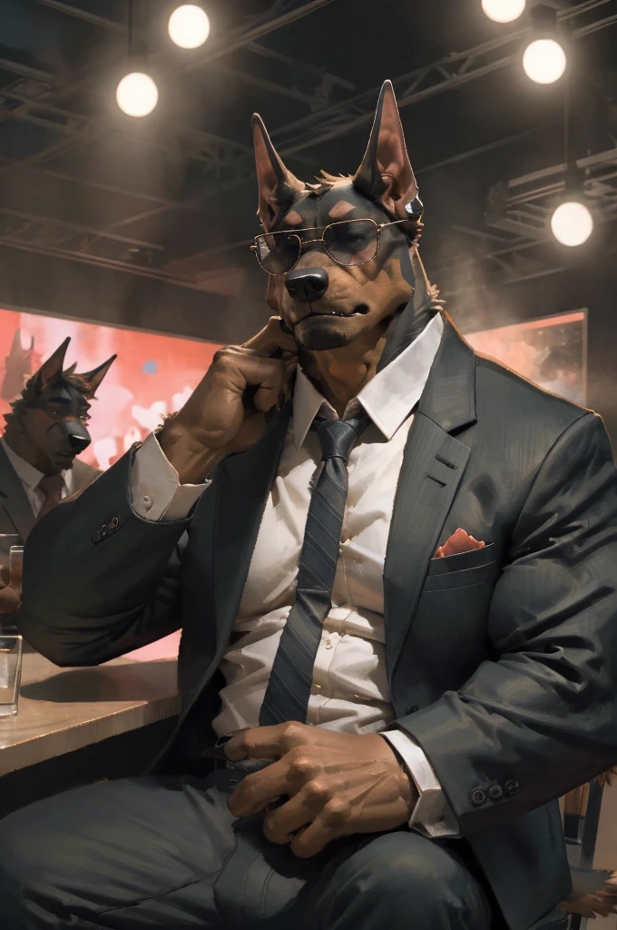 By Taran Fiddler, Solo, Anthro, Dobermann breed, Anthro Doberman, canine, male, Muscular, Wearing suit and tie, pure red tie, wearing sunglasses, dark tinted glasses, shady glasses, sitting with head in palm, bored facial expression, club in the background, party in the background, focus on character