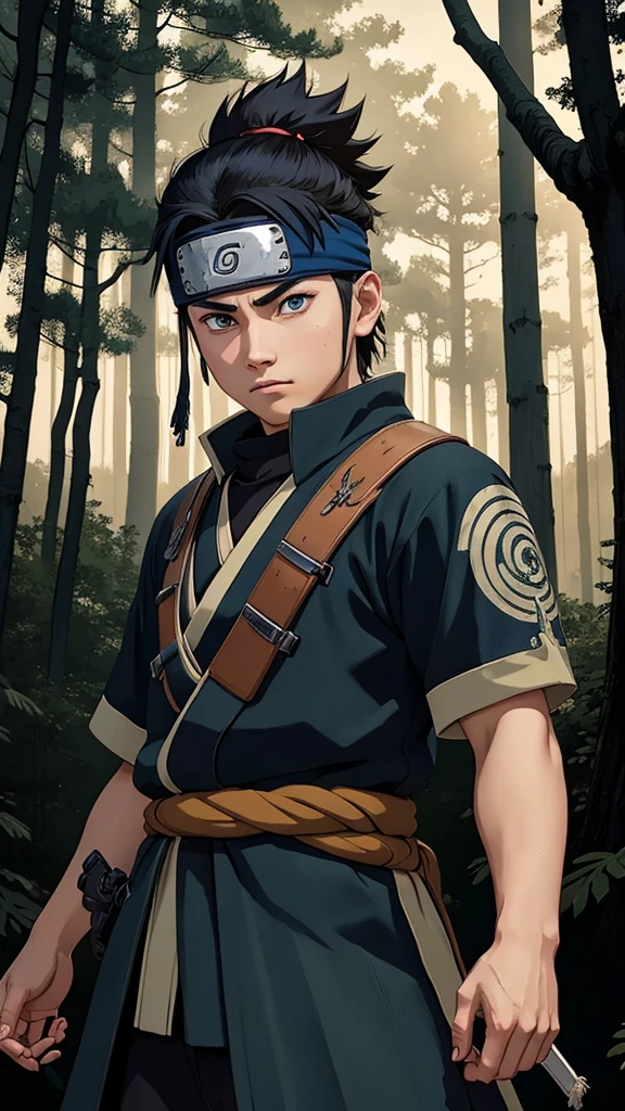 (cowboy shot), sfw, (masterpiece), (best quality:1.0), (ultra highres:1.0), detailed eyes BREAK looking at viewer, 1boy, intimidating look samurai armor, pouches, headband, armband narutoStyle BREAK (forest, dense trees, night, outdoors, gorgeous view)