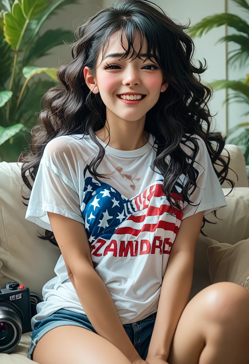 American girl of 18, video gamer, wearing translucent short T-shirt, black hair, ((blush: 0.8)), natural skin texture, 4K textures, highly detailed, insane details, faint colors , ((long wavy hair)), ((smile on face: 0.4)), (no panties: 0.2), ((looking directly at the camera)), ((tilted head: 0.8 )), ((small breasts:1)).  