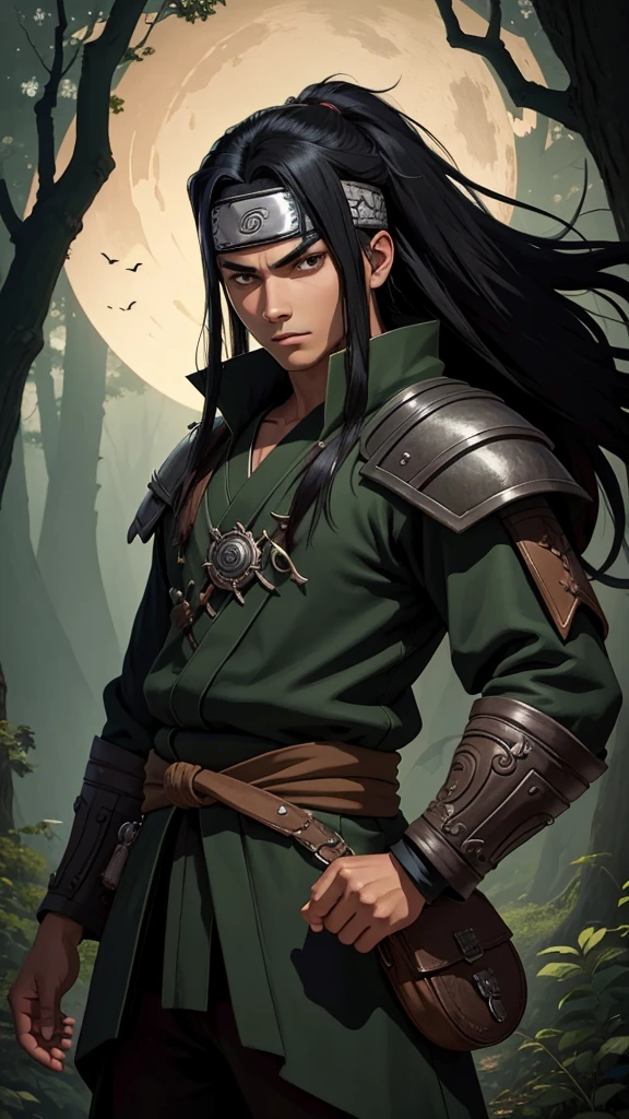 (cowboy shot), sfw, (masterpiece), (best quality:1.0), (ultra highres:1.0), detailed eyes, BREAK looking at viewer, 1boy, dark skin, long black hair, intimidating look, green samurai armor, armor, ornate clothing, pouches, black headband, armband, narutoStyle, BREAK (forest, many trees, night, outdoors, gorgeous view), intimidating pose